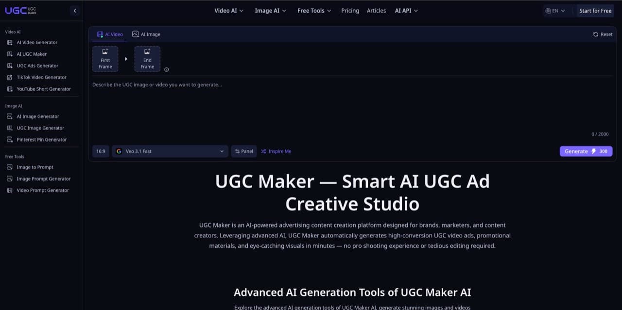 لقطة شاشة لموقع AI UGC Maker