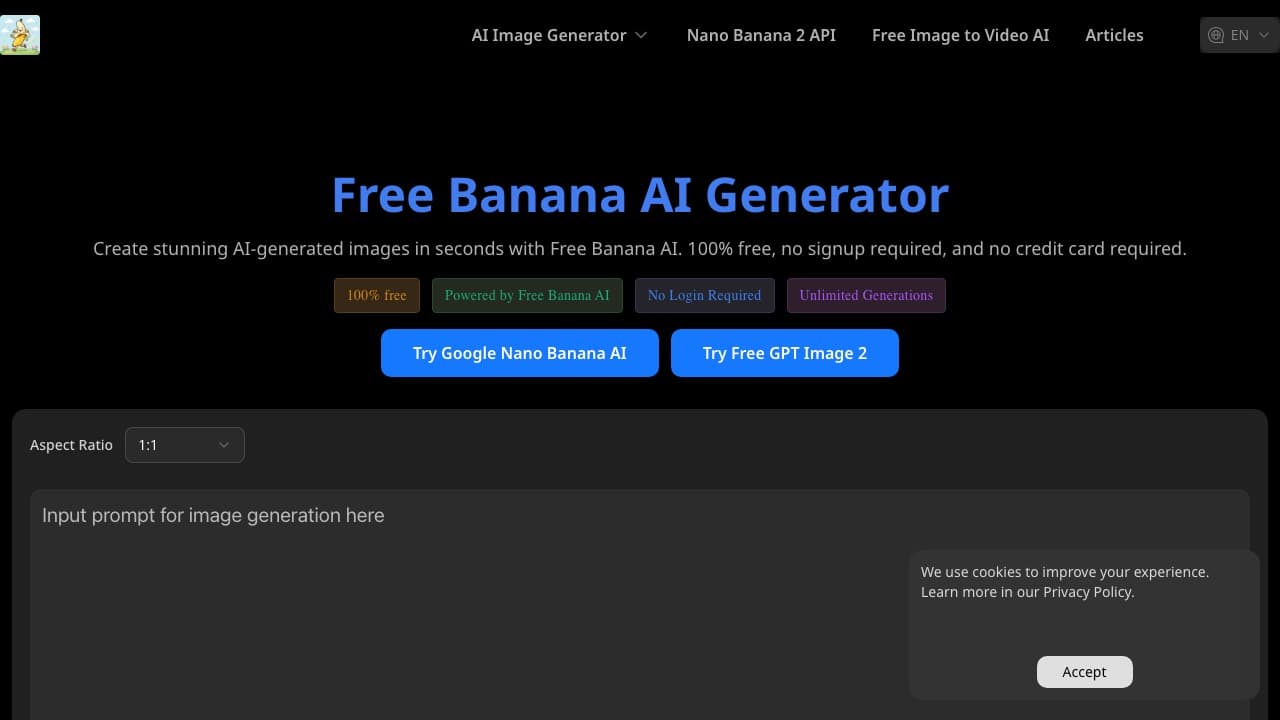 لقطة شاشة لموقع Free Banana AI