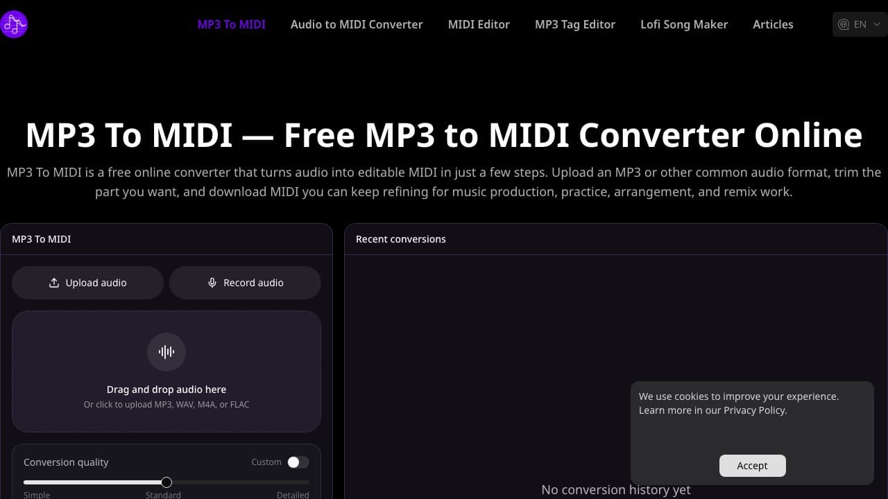 لقطة شاشة لموقع MP3 to MIDI Converter